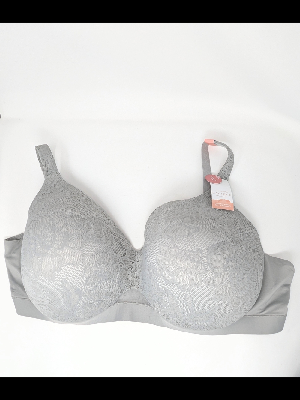 Comfort Bliss Lightly Lined Wireless V-Neck Full Coverage Gray Floral Lace Bra